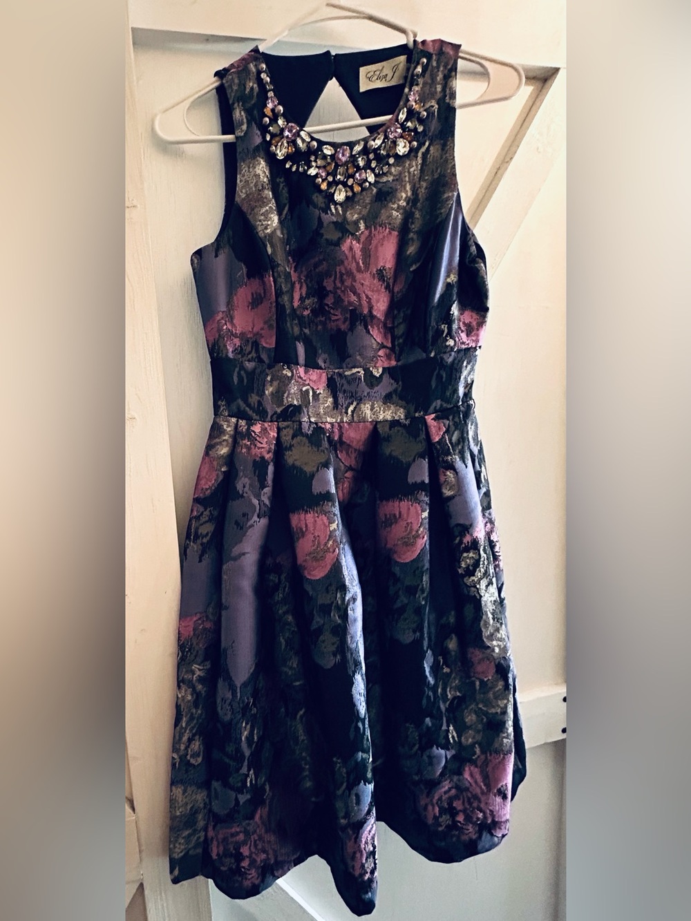 Eliza J Black and Purple Floral Midi Dress with Embellished Neckline